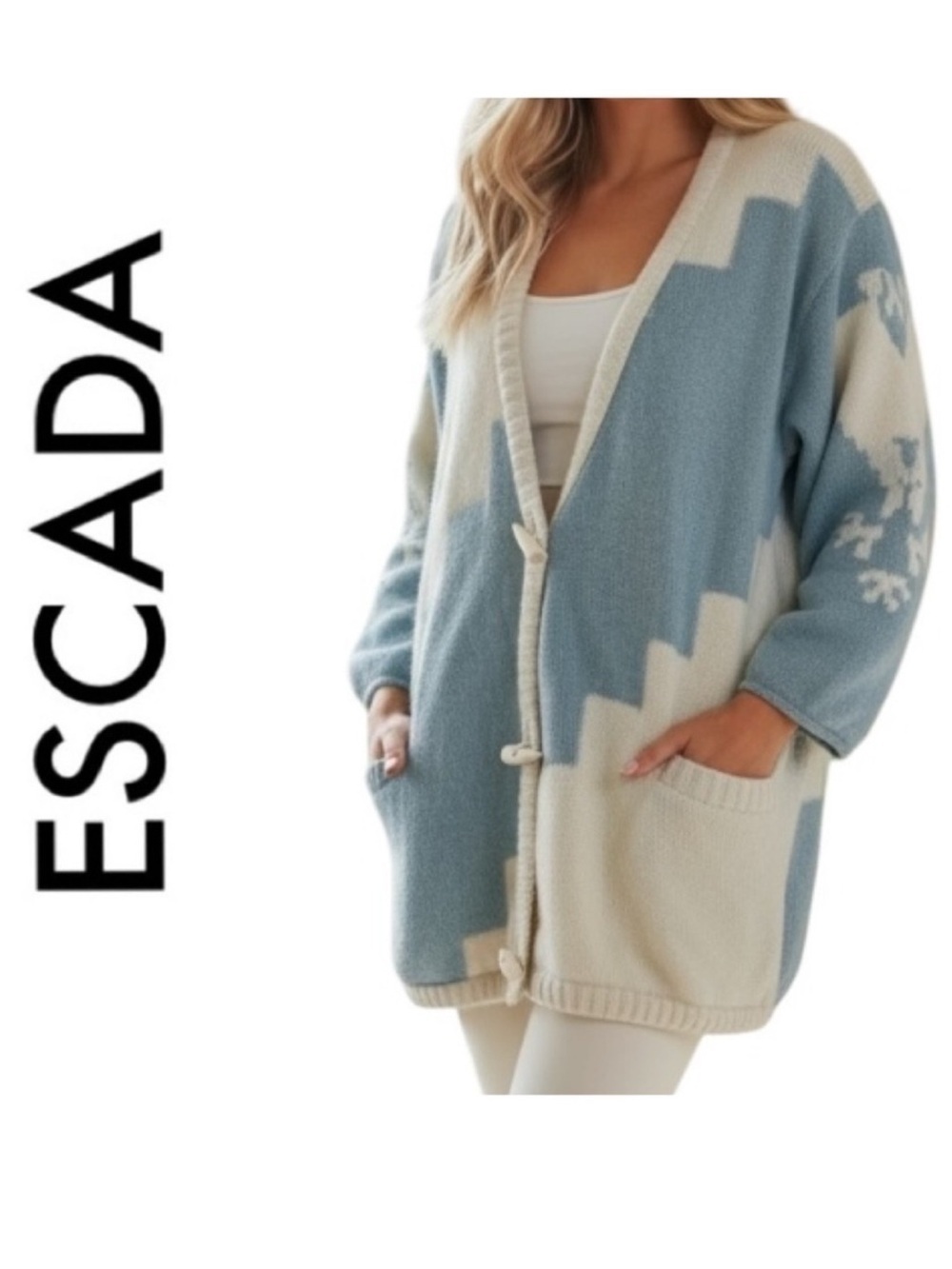 ESCADA Vintage 80s Mohair Wool Blue White Geometric Cardigan Sweater Medium